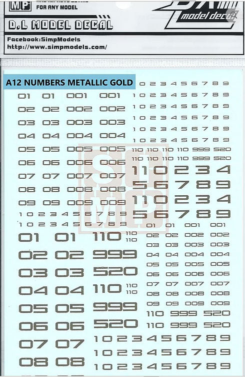 HiRes Water Slide Decal #A12 Numbers Metallic Gold